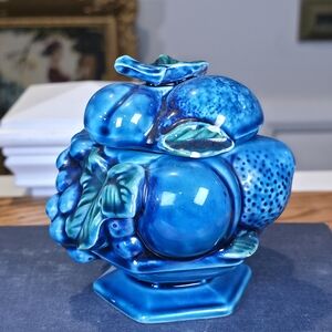 Vintage Inarco Japan Blue Majolica Fruit Jam Jar Mustard Pot with Lid - MCM